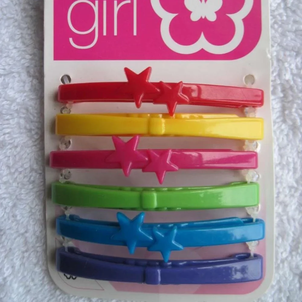 6 Scunci Bright Colors All Plastic Flat Tight Hair Barrettes Clips Pins No Metal